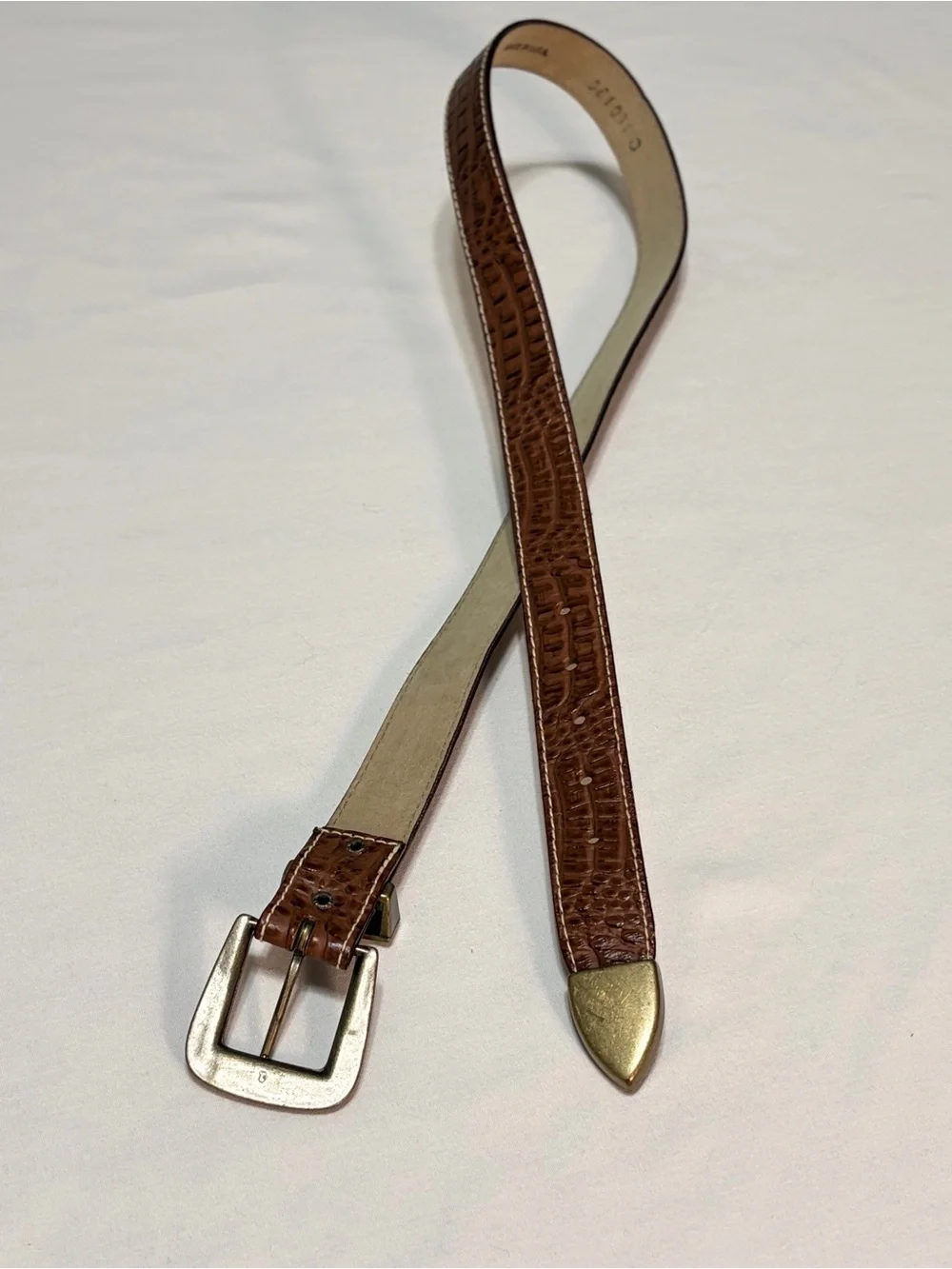 Vintage Brown Faux Crocodile Alligator Leather Belt Brass Buckle Tip Size 12 USA